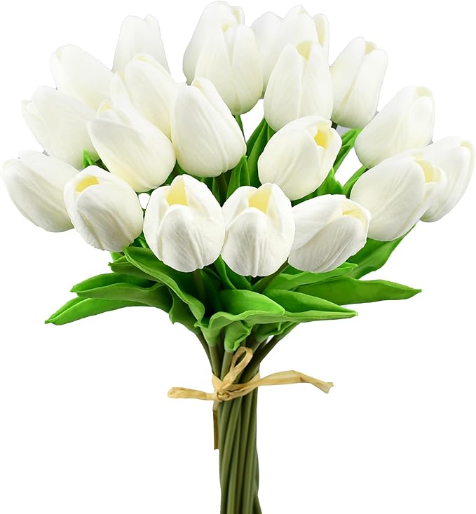 Mandy's Artificial Tulips 20 Stems Pure White PU Faux Flowers for Thanksgiving and Christmas Decorations Wedding Home Decor 13.5 Inch
