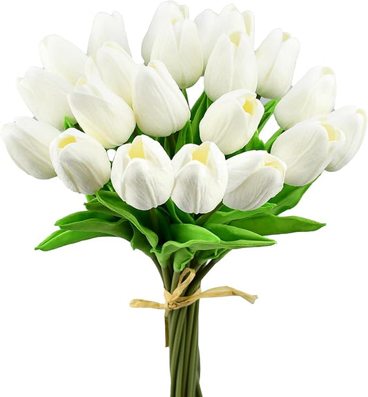 Mandy's Artificial Tulips 20 Stems Pure White PU Faux Flowers for Thanksgiving and Christmas Decorations Wedding Home Decor 13.5 Inch