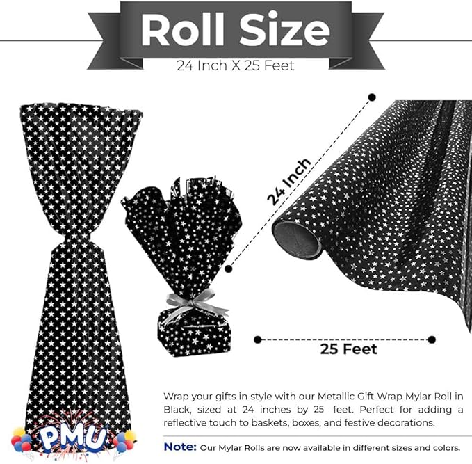 PMU Gift Wrap Mylar Roll Metallic Black with Silver Mini Stars 2-sided, 30 Inches X 25 Ft Roll 1.4 Mil Highly Reflective Mylar Film, Great for Gifts, Birthdays, Christmas, Baskets, Arts & Crafts
