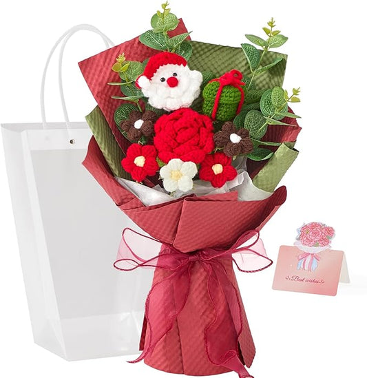 Alecono Crochet Flower Bouquet, Christmas Knitted Flowers, Red Handmade Father Christmas Santa Claus Bouquet of Flowers for Kids Festival Gifts (Include Card)