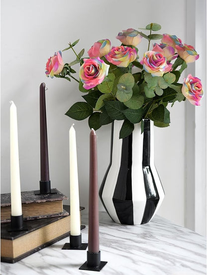 FiveSeasonStuff Rainbow Real Touch Silk Artificial Flowers ‘Petals Feel and Look Like Fresh Roses’ 9 Stems with Eucalyptus, Candle Holders and Jute Ribbon