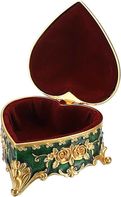Hipiwe Vintage Jewelry Storage Box Heart Shaped Trinket Box Green Decorative Keepsake Box with Rose Pattern Treasure Organizer Holder for Women