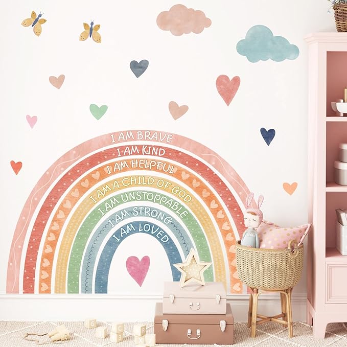 Rainbow Wall Decal Kids Inspirational Wall Stickers Watercolor Rainbow Wall Decals for Nursery Pastel I Am Decor Motivational Vinyl Walls Sticker for Kids Bedroom Playroom,20.6"x34"