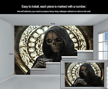 Gothic Skeleton Wall Mural, Dark Fantasy Skull 3D Wall Murals, Medieval Gothic Wallpaper Mural, for Living Room Bedroom Large Wallpaper Indoor Decor 177.16" W x120 H