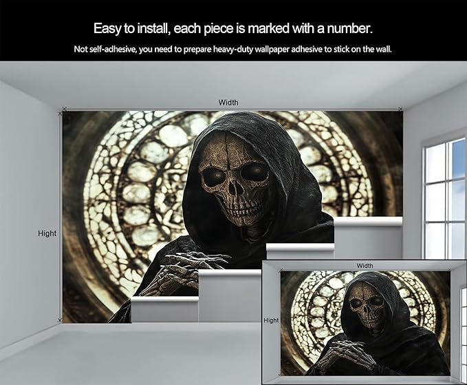 Gothic Skeleton Wall Mural, Dark Fantasy Skull 3D Wall Murals, Medieval Gothic Wallpaper Mural, for Living Room Bedroom Large Wallpaper Indoor Decor 98.4" W x68.9 H