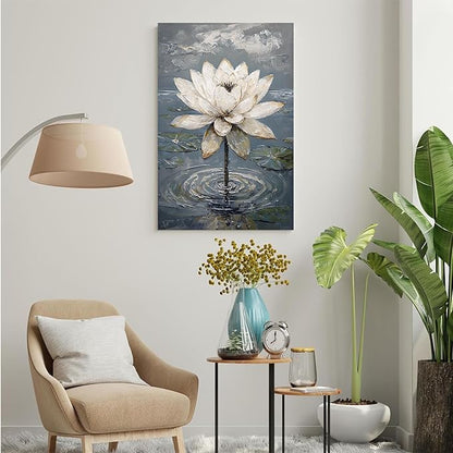 Stunning white lotus emerges from prismatic water with delicate petals background Serene aquatic wall art suitable for modern minimalist decor 28x40in Wood Framed