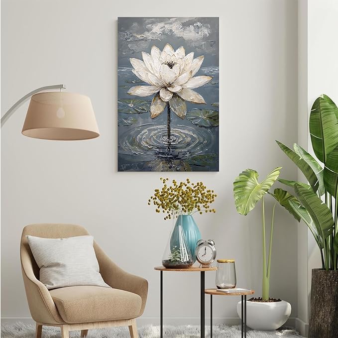 Stunning white lotus emerges from prismatic water with delicate petals background Serene aquatic wall art suitable for modern minimalist decor 20x30in Frameless
