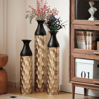 Set of 3 Large Floor Vases, Modern Gold Black Metal Vases for Home Decor, Glazed Decorated Tall Vases 24.8 29 33.8 Inch for Wedding Living Room