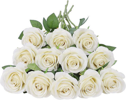 Artificial Rose Flower Artificial Flowers Flower with Long Stem Silk Roses Bouquet for Wedding Bridal Shower Party Home Decoration (Beige, 30 Pcs)