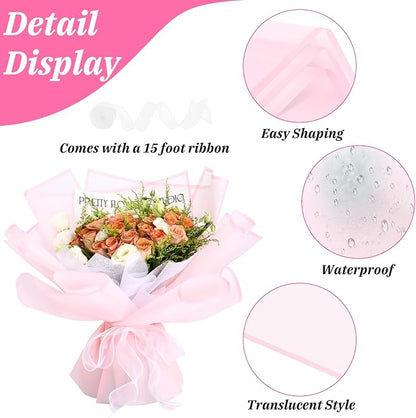 Rumvan Flower Wrapping Paper, 20 Sheets, Waterproof, Floral Bouquet Design, for Wedding, Birthday Gift, DIY Florist Supplies (Pink colour)