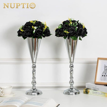 NUPTIO Black Artificial Roses Flowers: Fake Flower Bouquet Halloween Decorations - 15 Heads Artificial Rose Centerpieces with Base for Gothic Wedding Party Table Decor 2 Pcs