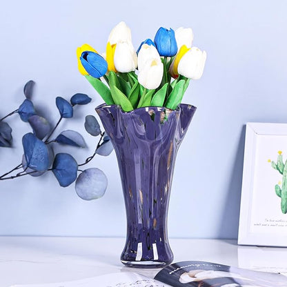 9.0" H Purple Glass Vases for Flowers, Unique Hand Blown Glass Vase Purple Home Decor, Wide Mouth Colorful Flower Vase Centerpieces, for Living Room Table Bookshelf, Bathroom Office Shelf Decorative
