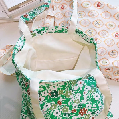 Cotton Canvas Tote Bag Reusable Soft Grocery Cloth Bag Floral Shoulder Bag for Beach Travel Shopping
