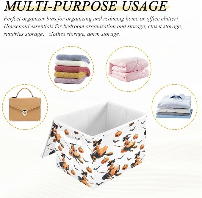 Halloween Baskets Collapsible Storage Bins with Lids, Witch Pumpkin Bat Pattern Storage Boxes Clothes Baskets for Organizing