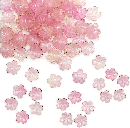 100PCS Cherry Blossom Acrylic Beads, Gold-Plated Flowers Beads for Jewelry Making, Pink Floral Spacer Bead for Keychains Earrings Bracelets Necklaces Lanyard DIY Handicrafts