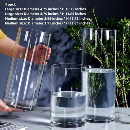 4 Pcs Acrylic Clear Cylinder Flower Vase for Plants Bouquet, Unbreakable Hurricane Tall Large Plastic Vases for Wedding Decor, High Hydroponic Floor Vase (H 10" + H 12" 2 Each No Flowers)