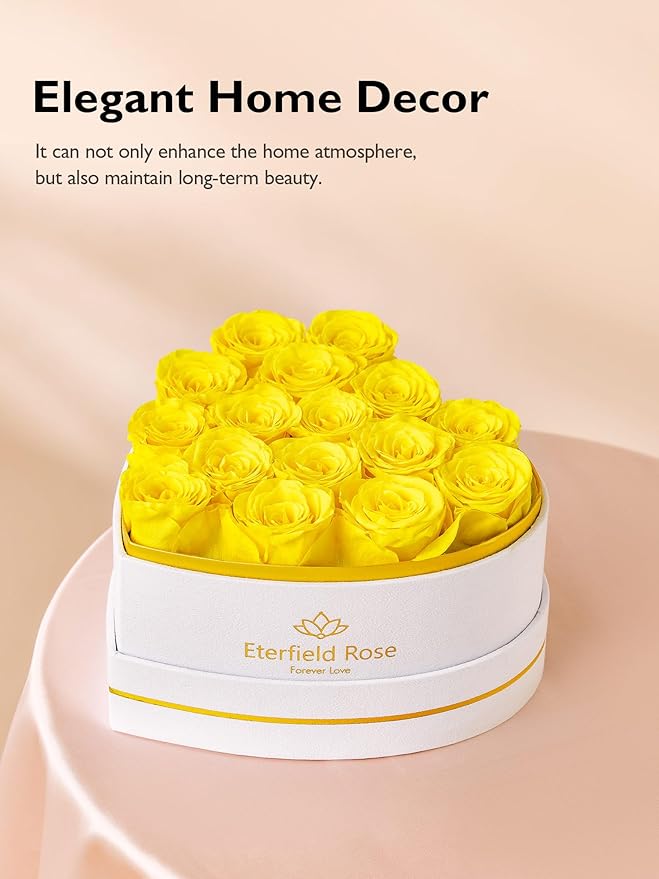 Eterfield Forever Flowers in Heart Shape Box, Preserved Roses That Last a Year Preserved Flowers Birthday Gifts for Her Mom Women Wife Anniversary Valentine's Day Mother's Day (16 Roses, Yellow)