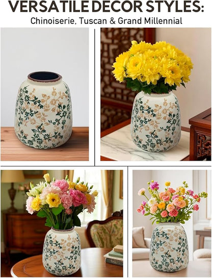 Vintage Ceramic Flower Mini Vase Home Decor - Tabletop Rustic Vase for Decor Living Room Bookshelf Office Kitchen Cottage, White Vases for Bouquet, Chinoiserie | Grand Millennial | 6.1inch