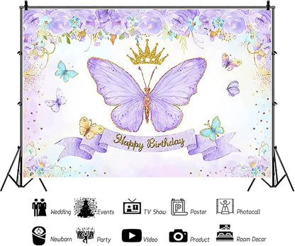 Renaiss 10x6.5ft Happy Birthday Backdrop Purple Butterfly Flowers Gold Crown Photography Background Daughter Girl Princess Birthday Party Decor Dessert Table Banner Portrait Selfie Group Photo Props