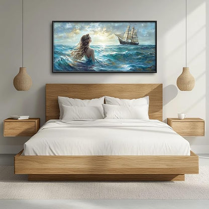 Mermaid Large Wall Art Ocean Mermaid Boat Pictures Wall Decor Nautical Canvas Seascape Print Painting Modern Artwork Home Decoration for Living Room Bathroom Bedroom Office Framed 60"x30"