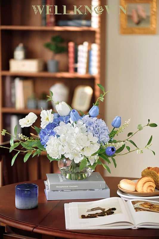 WELL KNOWN Artificial Flowers with Vase, Silk Hydrangea Bouquet and Peonies Artificial Flowers Table Centerpieces with Faux Water for Home Decor Fake Tulips Flower Arrangements for Table Decor (Blue)