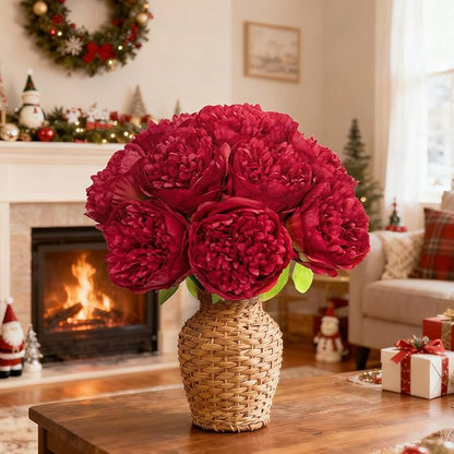 U'Artlines 20 Heads Artificial Peony Silk Flower Leaf for Christmas Holiday New Year Home Office Wedding Party Festival Bar Decor (Red)