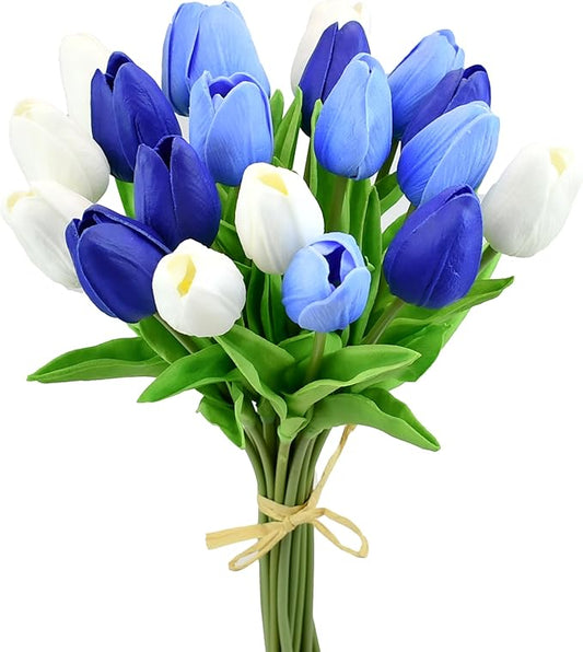 Mandy's Artificial Tulips 20 Stems Shades of Blue PU Faux Flowers for Thanksgiving and Christmas Decorations Wedding Home Decor 13.5 Inch