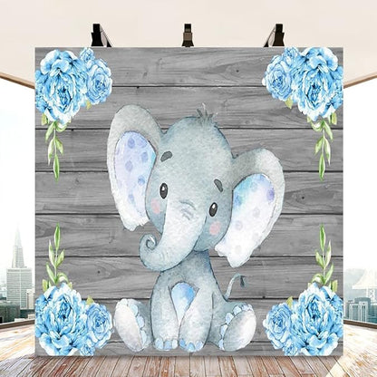 AOFOTO 8x8ft Elephant Rustic Grey Wooden Backdrop for Boy Baby Shower Watercolor Blue Floral Cartoon Animal Gender Reveal Photography Background It's a Boy Newborn Kids Birthday Party Decoration