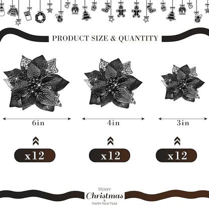 WILLBOND 36 Pieces Black Christmas Poinsettia Glitter Faux Flowers Artificial Ornaments Topper Xmas Decorations
