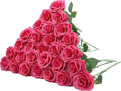 30pcs Artificial Rose Flower Hot Pink Rose Flower with Long Stem Silk Roses Bouquet for Wedding Bridal Shower Party Home Decoration