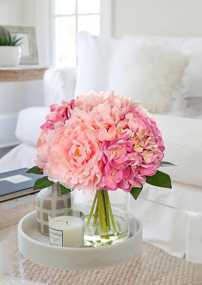 Hollyone Artificial Flowers Arrangements in Vase Pink Peonies and Hydrangea with Faux Water Faux Peony Hydrangea Flowers Silk Hydrangeas Fake Flower with Vase for Table Centerpiece Shelf Home Decor