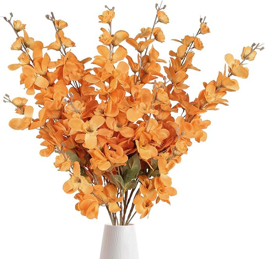 6PCS Silk Delphinium Artificial Flower Lifelike Silk Larkspur Flowers Plant 35.43" Long Stem Blossoms Fake Flowers for Tall Vase Floral Arrangements Home Table Wedding Decor(Orange)