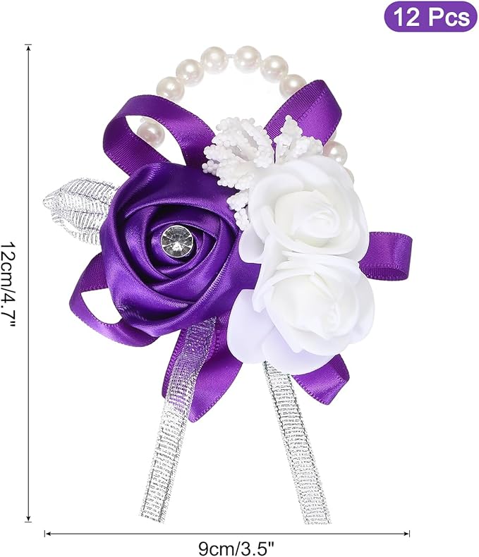 MECCANIXITY 12Pcs Wrist Corsage Artificial Flower Bracelets Rose Wrist Bride Groom Decorative for Wedding Ceremony Prom Party Anniversary Purple
