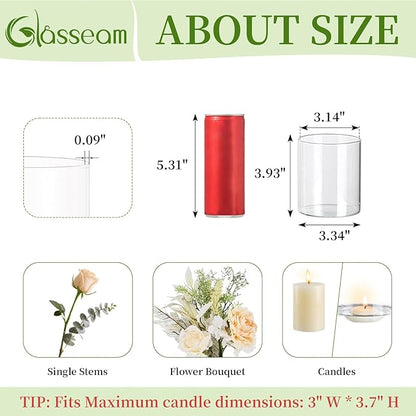 Glasseam Cylinder Vases for Centerpieces, Set of 6 Clear Glass Vases for Flowers, Modern Small Floating Candle Vase Decor, Decorative Hurricane Candle Holders for Home Wedding Table Decorations, 4in