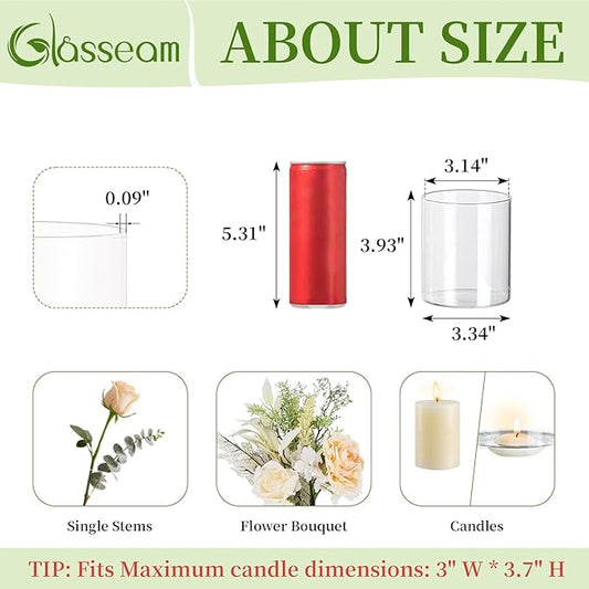 Glasseam Cylinder Vases for Centerpieces, Set of 6 Clear Glass Vases for Flowers, Modern Small Floating Candle Vase Decor, Decorative Hurricane Candle Holders for Home Wedding Table Decorations, 4in