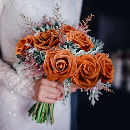 100 Pieces Artificial Foam Rose Flowers Faux Bouquet with Leaves and Stems for DIY Wedding Bouquets Centerpieces Bridal Shower Party Valentine Home Decorations(Orange)