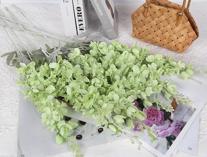 8PCS Delphinium Artificial Flowers Larkspur Fake Green Flowers 33.5in Long Stem Faux Silk Flowers for Tall Vases for Home Wedding Floral Arrangement Centerpiece Table Decorations (Light Green)