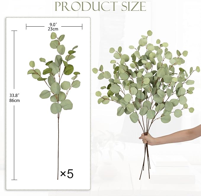 Green Eucalyptus Stems 34" Long Silver Dollar Leaves - 5 Pcs Silk Stems for DIY Bouquet Arrangements, Centerpieces, Shower Decorations - Artificial Spray
