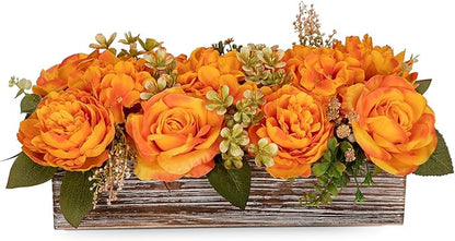 Flower Arrangement with Wooden Vase 14" Artificial Flowers in Pot - Fake Flowers Roses Peonies Hydrangeas in Wooden Vase Potted Artificial Flower Centerpieces for Table Decor Living Room - Orange
