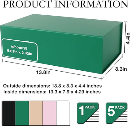 Green Christmas Gift Box with Magnetic Lids 13.8x8.3x4.4 in, Bridesmaid Groomsman Proposal Box, Large Rectangle Storage Box 1 Pack