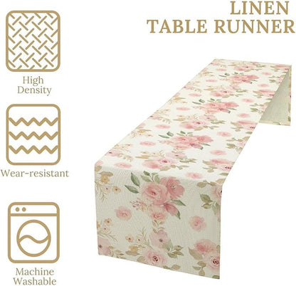 Vintage Rose Table Runner, Watercolor Romantic Pink Floral Blossoms Table Runner for Kitchen Dining Holiday Party Home Decor, 13x90 Inch