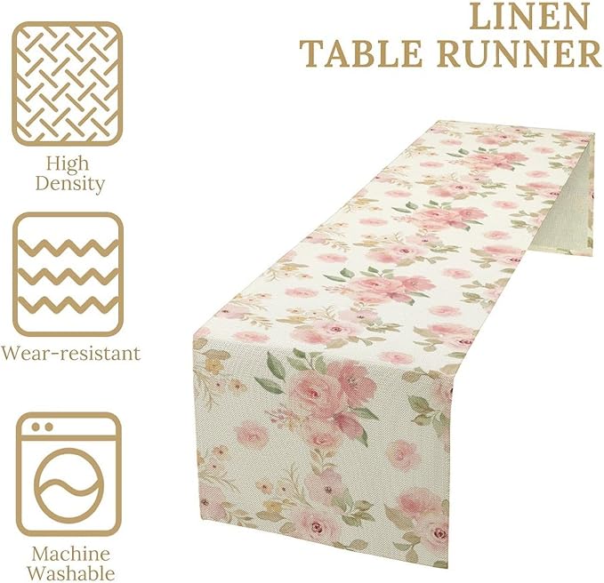 Vintage Rose Table Runner, Watercolor Romantic Pink Floral Blossoms Table Runner for Kitchen Dining Holiday Party Home Decor, 13x120 Inch