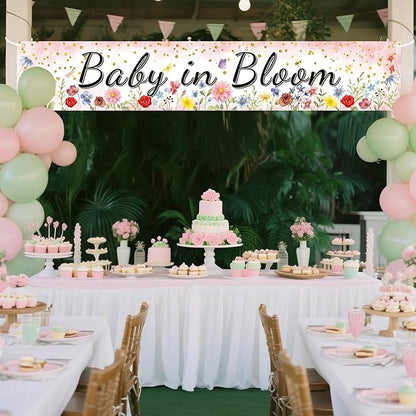 Pink Coral Baby in Bloom Baby Shower Banner, Floral Watercolor Floral Design, Party Decoration, 180x33 cm
