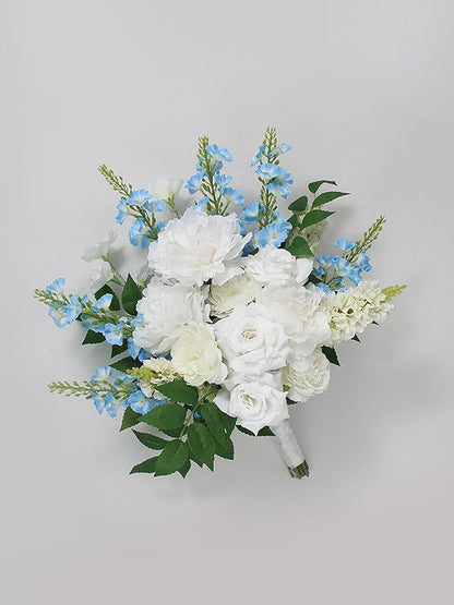 Rinlong 17.7" Wide Wedding Bouquets for Bride Baby Blue Delphinium White Bridal Bouquet for Wedding Artificial Flowers Bouquets