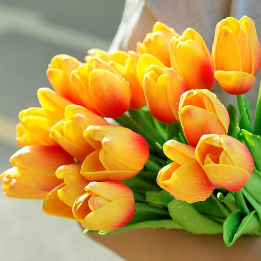 20 Pcs 13” Real Touch Orange Tulips Artificial Flowers, Latex Pu Fake Faux Lifelike Flowers with Stems, for Wedding Bouquet Christmas Fall Home Decor