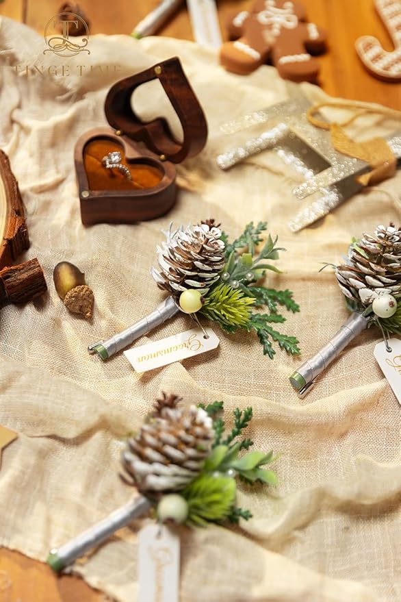 TINGE TIME Boutonniere for Men, Groom and Best Man Boutonniere for Wedding Ceremony Anniversary, Formal Dinner Party and Rustic Xmas Wedding Marriage (Christmas White)