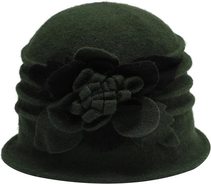 ZLYC Women Wool Cloche Bucket Hat 1920s Vintage Dress Winter Hats with Flower Accent