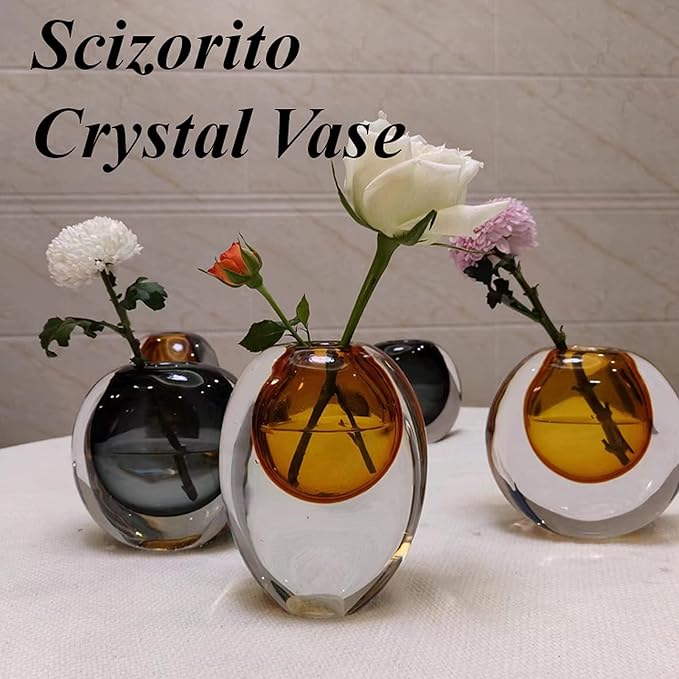 Crystal Vase, Modern Decorative Vase, Minimalist Floral Vase, Light Luxury Style for Home Decor, Centerpiece, Office, Pampas Grass, Dried Flowers, Flowers and Buds (Big Amber)
