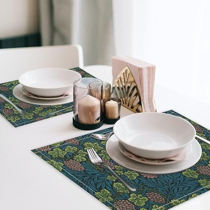 William Morris Vintage Botanical Placemats Set of 4, Retro Grapes Vines Flower Boho Plant Place Mats, Heat Resistant Non Slip Cotton Linen Dining Table Mats for Home Kitchen Party 18x12 Inch