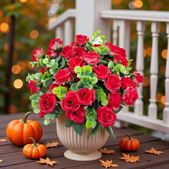 40 Heads Artificial Roses Flowers for Outdoors,4 Bunches Fake Silk Red Rose Plastic Flower UV-Resistant Faux Floral Bouquet Arrangements for Outdoor Vase Planters Garden Outside Decoration